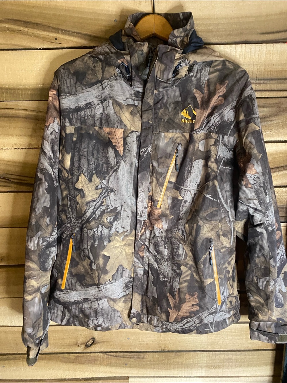 Shehe Camouflage Hooded full zip windbreaker Jacket - Gray Brown large